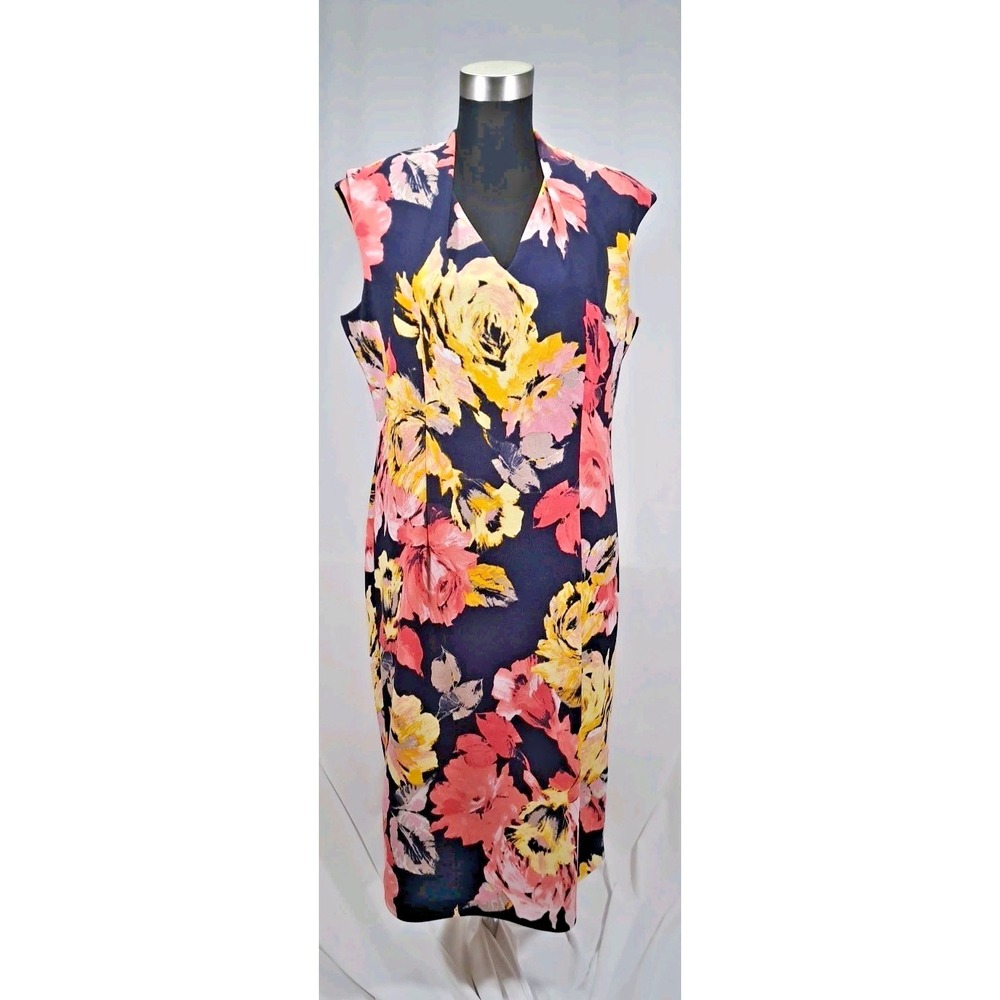 London Times Navy Pink Floral V-Neck Sheath Dress Womens Size 12 Sleeveless Knee